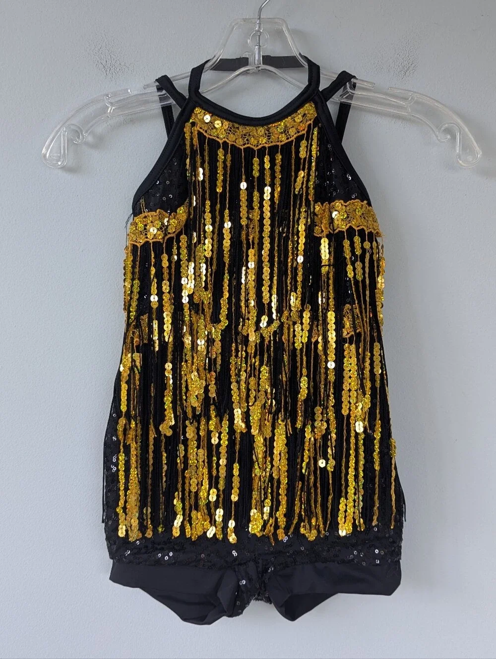 Weissman Girls SC Boom Boom Black & Gold Sequin Fringe Biketard Dance Costume